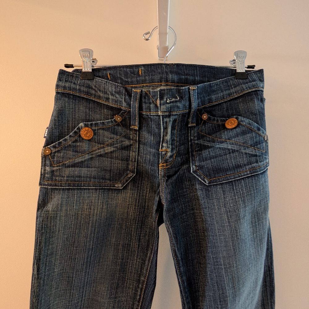 Rock & Republic Women's Y2K 2000s Low Rise Dark Blue Flare Jeans Size 25 - Picture 2 of 6